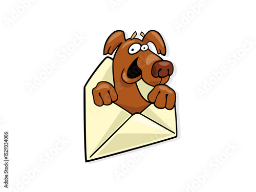 Astonished Cartoon Dog Peeking Out of an Open Envelope Illustration
