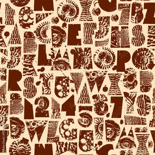 Abstract vector seamless pattern with font consisting of geometric shapes with texture, shells on the theme of paleontology and confectionery. Fabric, textile, tile, wallpaper, chocolate design. No AI