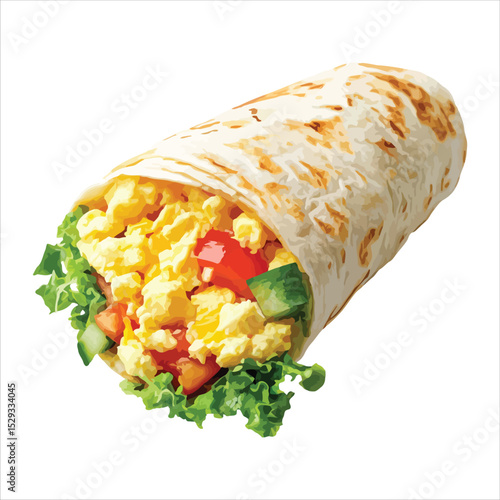 Delicious breakfast burrito with scrambled eggs isolated on white background