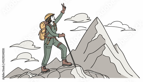 a woman standing on K2 mountain with victory sign and with all her hiking accessiories 