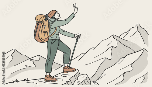 a woman standing on K2 mountain with victory sign and with all her hiking accessiories 