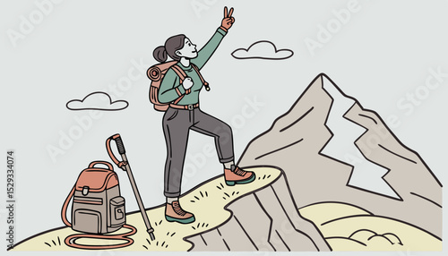 a woman standing on K2 mountain with victory sign and with all her hiking accessiories 