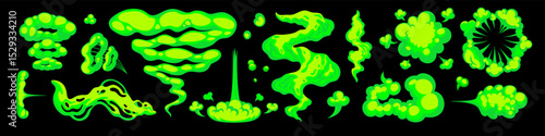 Smell cloud with fluorescent green cartoon smoke on black background. Bad gas and vapor vector elements in flat design. Ideal for stickers, humor, or gross-out visuals