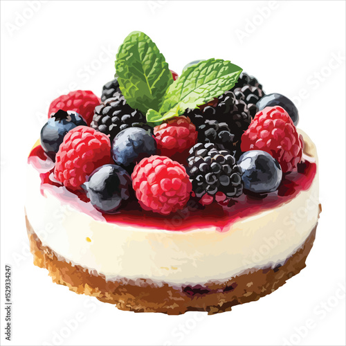 Delicious cheesecake with fresh berries and mint isolated on white background