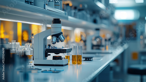 High-Quality Microscope in Modern Laboratory with Glassware and Chemicals