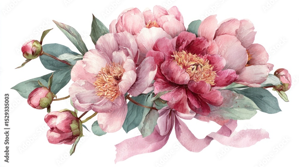 Fototapeta premium Elegant Watercolor Peonies Bouquet