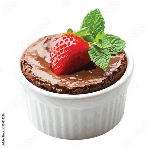Delicious chocolate souffl dessert with strawberry and mint isolated on white background