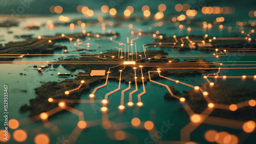 Futuristic digital circuitry rendering over an island landscape representing global connectivity and data flows