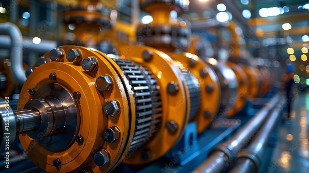 Obraz premium An intricate close-up of industrial machinery highlighting the detailed gears and pipes, emphasizing the complexity and functionality of manufacturing equipment.