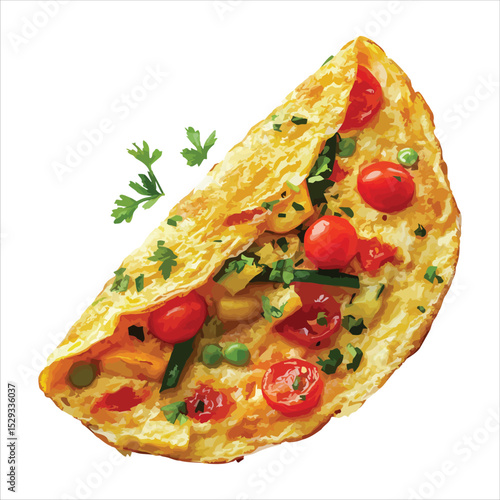 Delicious folded omelette with fresh vegetables isolated on white background