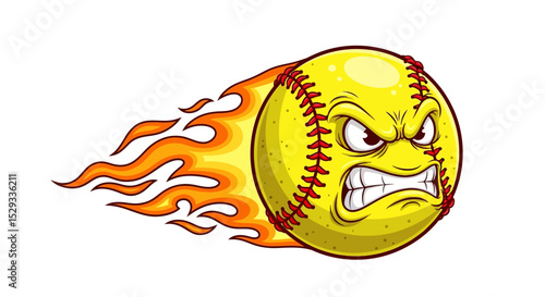 Fiery Softball Cartoon Character with Angry Expression and Flames