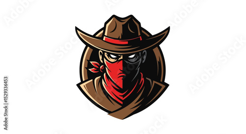 Illustrated Cowboy Bandit with Red Bandana and Brown Hat