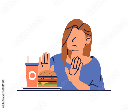 A woman is fighting a diet by refuses to eat junk food, burgers and soda. Young lady has lost appetite to eat, Flat vector illustration isolated on white background