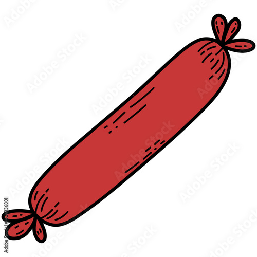 Cartoon Sausage Illustration. Hand-drawn style illustration of a sausage. Red meat sausage with tied ends, isolated on a white background. Perfect for food-related content, cooking themes, restaurant.