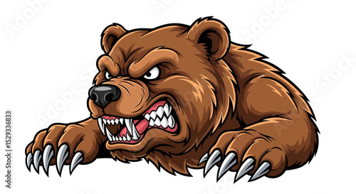 Aggressive Grizzly Bear Mascot Head and Claws Illustration
