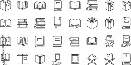 Diverse collection of simple line art book icons depicting reading education and knowledge