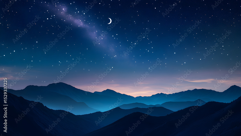 Fototapeta premium Night Sky Mountain Landscape with Crescent Moon