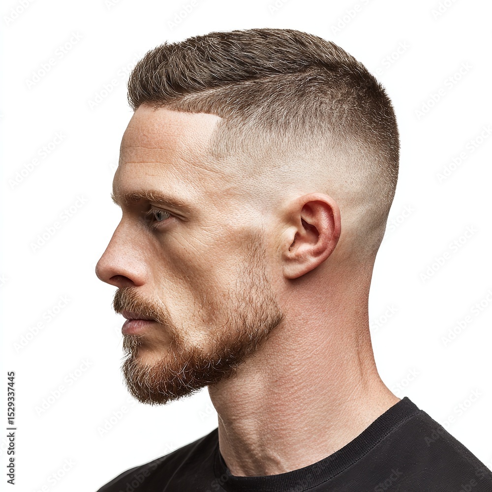 Obraz premium Man with fade haircut and beard style side view for men's fashion and grooming inspiration ideas