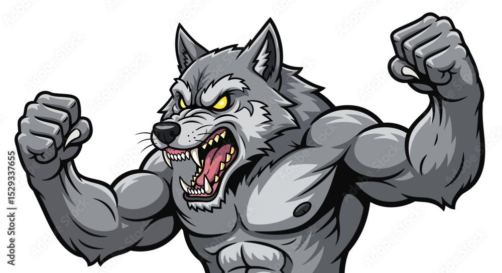 Fototapeta premium Cartoon muscular werewolf roaring with clenched fists and bared teeth.