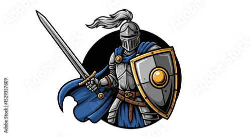 Cartoon Knight with Sword and Shield in Armor