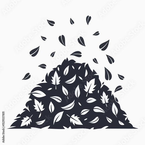 Leafy accumulation showing heap of black foliage and a scattering of leaves in the air