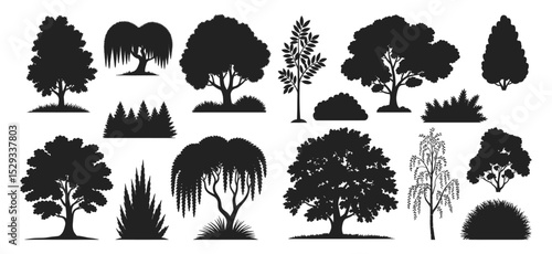 Assorted trees, shrubs and foliage elements in silhouette vector illustration. Includes diverse botanical shapes such as oak, willow, pine and ornamental bushes.