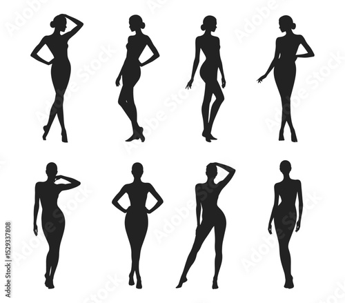 Collection of female silhouettes in stylish poses highlighting curves and body confidence, vector illustration. Women figures depicted in graceful stances.