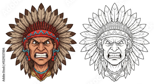 Angry Native American Indian Chief Headdress Portrait Illustration