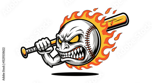 Fiery Baseball Mascot Holding Bat with Angry Expression