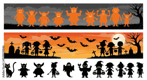 Halloween Silhouettes: Monsters, Children, Bats, and Spooky Elements