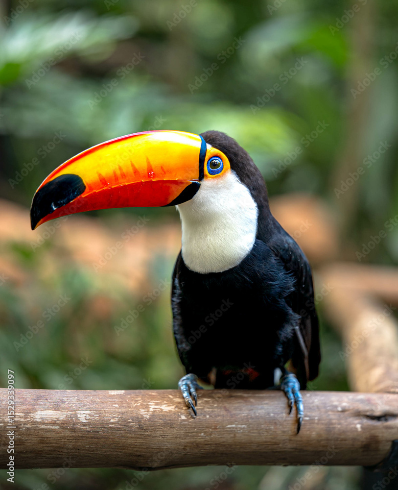 Fototapeta premium Toco Toucan (Ramphastos toco) Showing Off Its Striking Eye and Vibrant Beak in a Close-Up Portrait