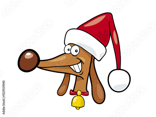 Happy Cartoon Dog Wearing a Christmas Santa Hat Festive Holiday Celebration