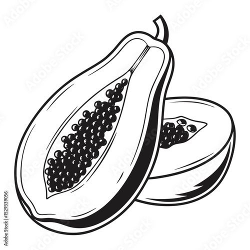 Monochrome papaya halves reveal seeds; a simple, black and white presentation shines