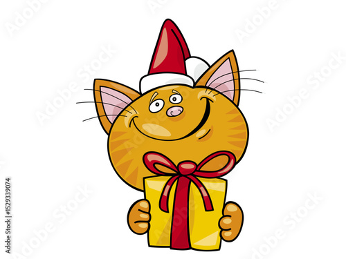 Happy Ginger Cat Wearing a Santa Hat Holding a Christmas Gift