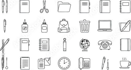 Simple hand drawn black and white line art office and school supplies icons collection