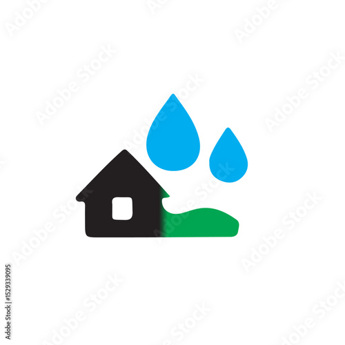 A simple graphic featuring a house with a green base and two blue water droplets above it on a white background