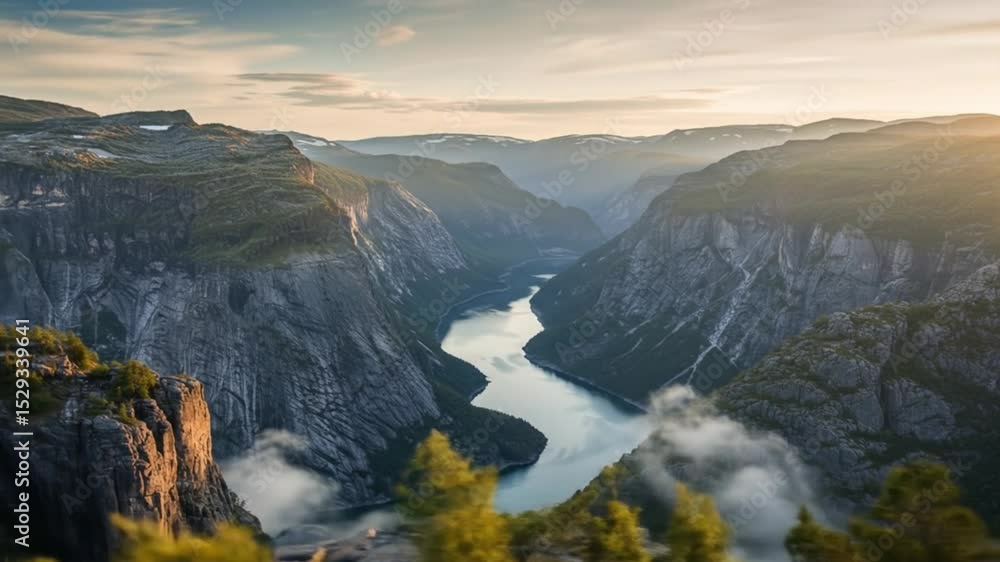 Majestic canyon with river at dawn Majestic canyon with river at dawn