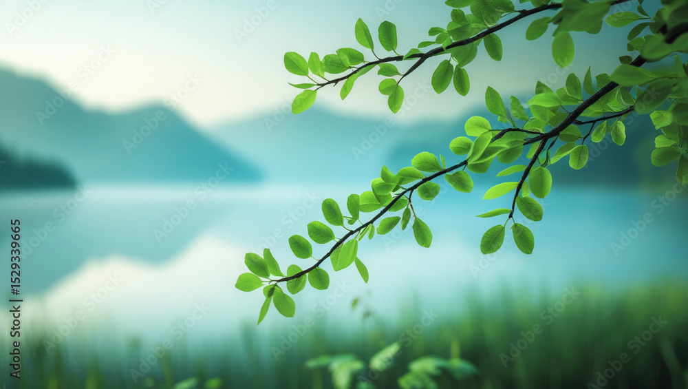 Fototapeta premium Tranquil scene of lush green leaves over a serene lake and distant mountains
