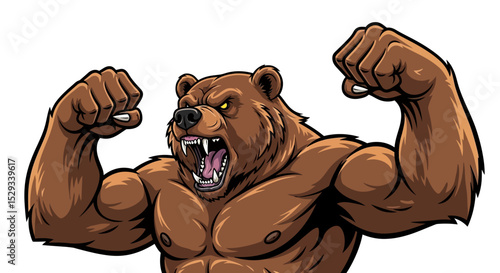 Muscular Grizzly Bear Flexing and Roaring with Aggressive Expression