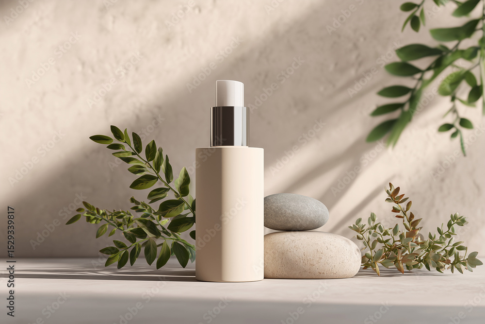 A bottle of lotion is placed on a table next to some rocks and leaves. The bottle is white and has a silver cap. The rocks and leaves create a natural and calming atmosphere A bottle of lotion is placed on a table next to some rocks and leaves. The bottle is white and has a silver cap. The rocks and leaves create a natural and calming atmosphere