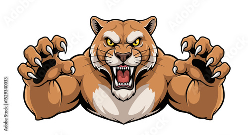 Fierce Mountain Lion Mascot with Extended Claws and Fangs
