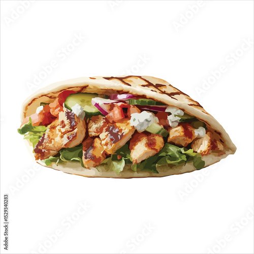 Grilled chicken gyro pita sandwich with vegetables and sauce isolated on white background