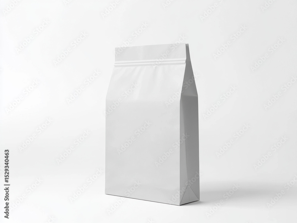 White blank bag sits on a plain surface, ready to hold your product or food item, with a simple design and a clean look for packaging needs. White blank bag sits on a plain surface, ready to hold your product or food item, with a simple design and a clean look for packaging needs.