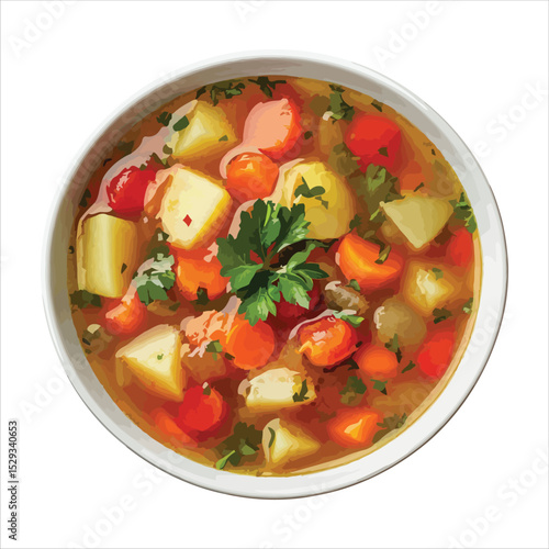 Homemade vegetable soup in bowl isolated on white background
