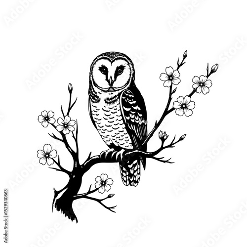 Owl perched on a blossoming branch, black and white vector illustration