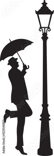 Whimsical Silhouette of a Person Holding an Umbrella While Leaning on a Street Lamp, Creating a Playful and Elegant Atmosphere