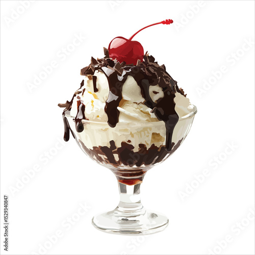 Delicious ice cream sundae with cherry and chocolate sauce isolated on white background