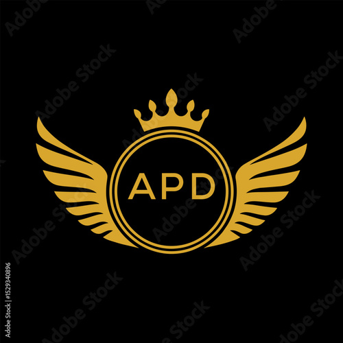 APD Royal Golden Wing Logo with Crown and Initials - Premium Brand Identity Design on Black Background. APD Letter Logo.
