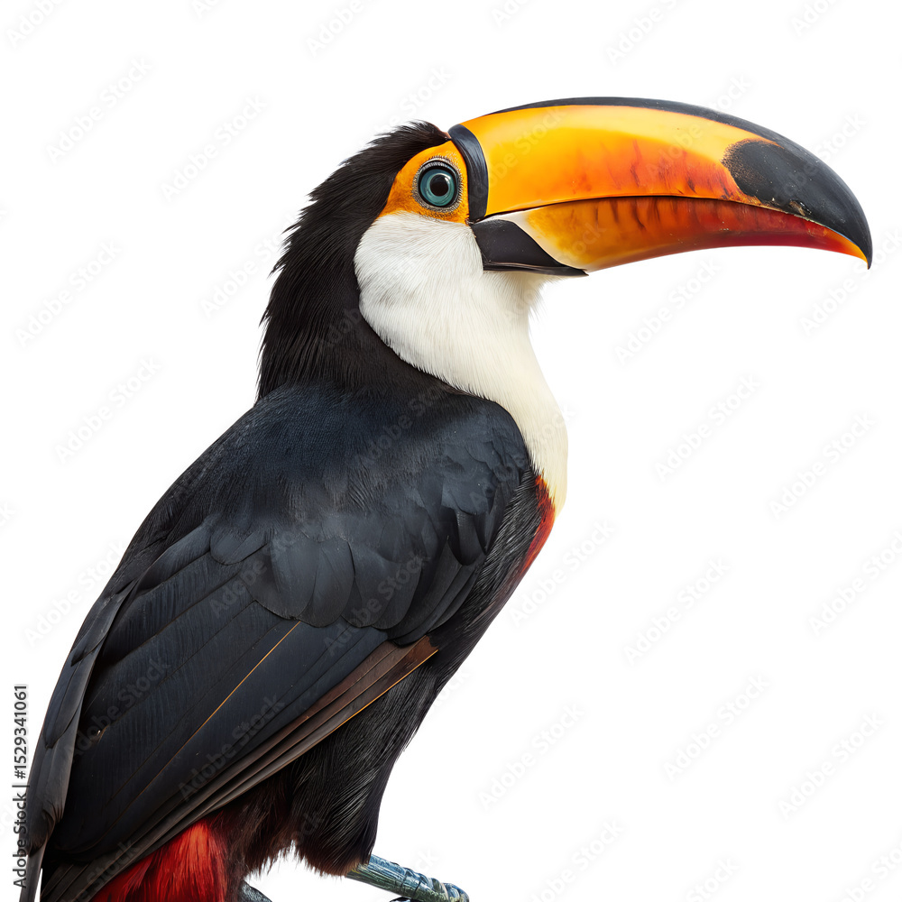 Obraz premium A close-up of a toucan with a vibrant yellow and orange beak. The bird has black feathers and a white throat, set against a black background.