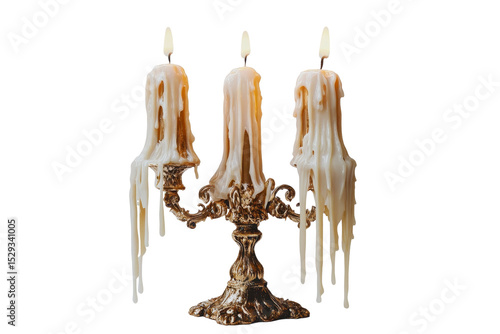Elegant antique candelabra with dripping wax candles isolated on transparent png